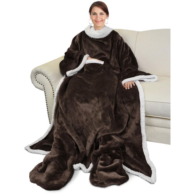 Brown Sherpa Fleece Wearable Blanket with Sleeves and Foot Pockets