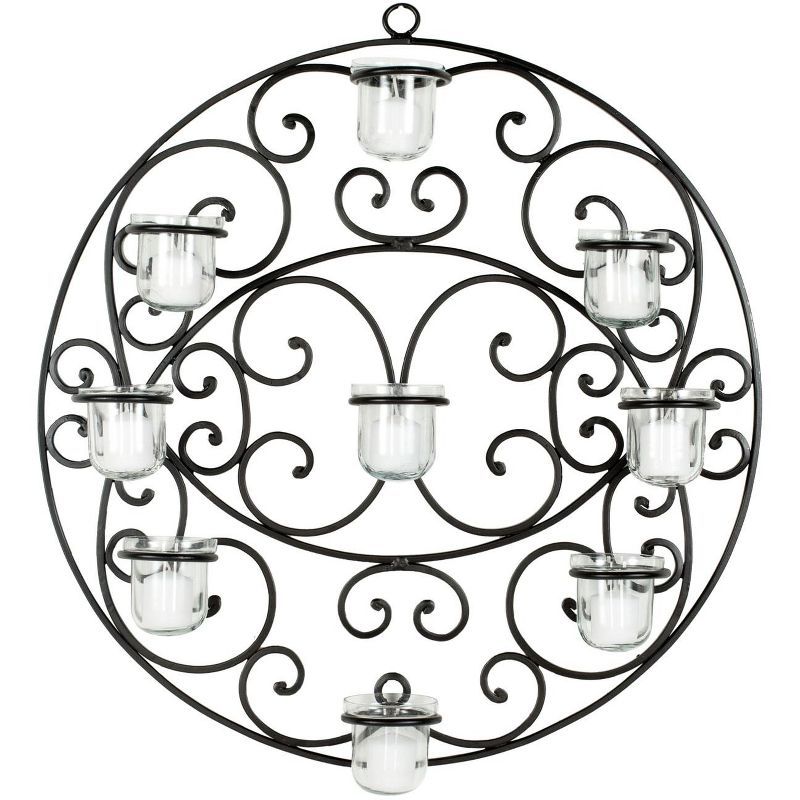 Black Wrought Iron Circular Scroll Tea Light Wall Sconce