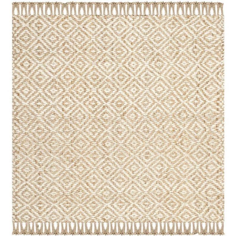 Ivory and Natural Hand-Knotted Geometric Jute Rug, 6' x 6'