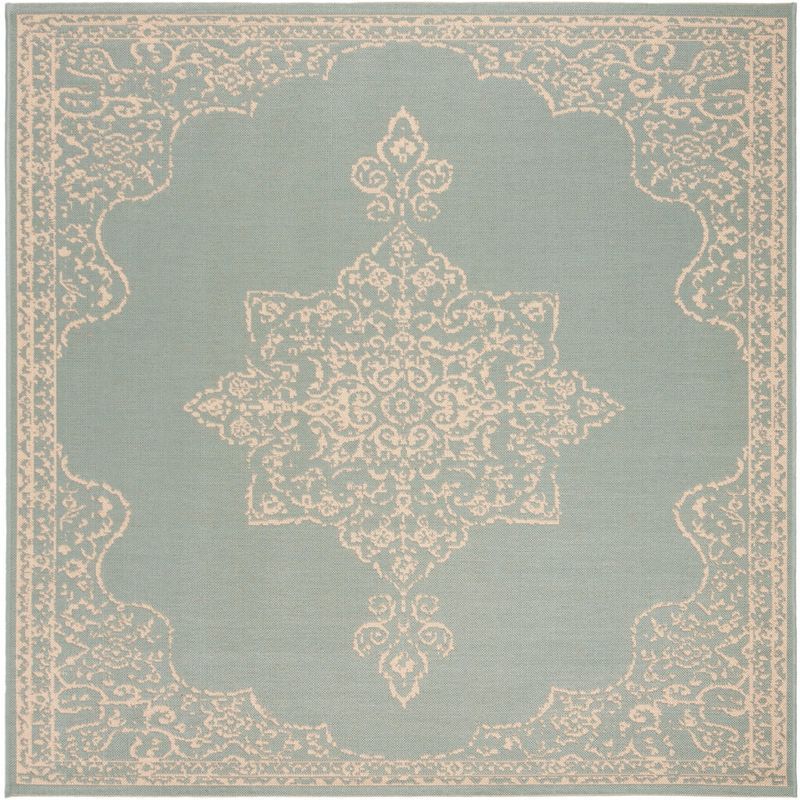 Cream and Aqua Square Non-slip Synthetic Area Rug