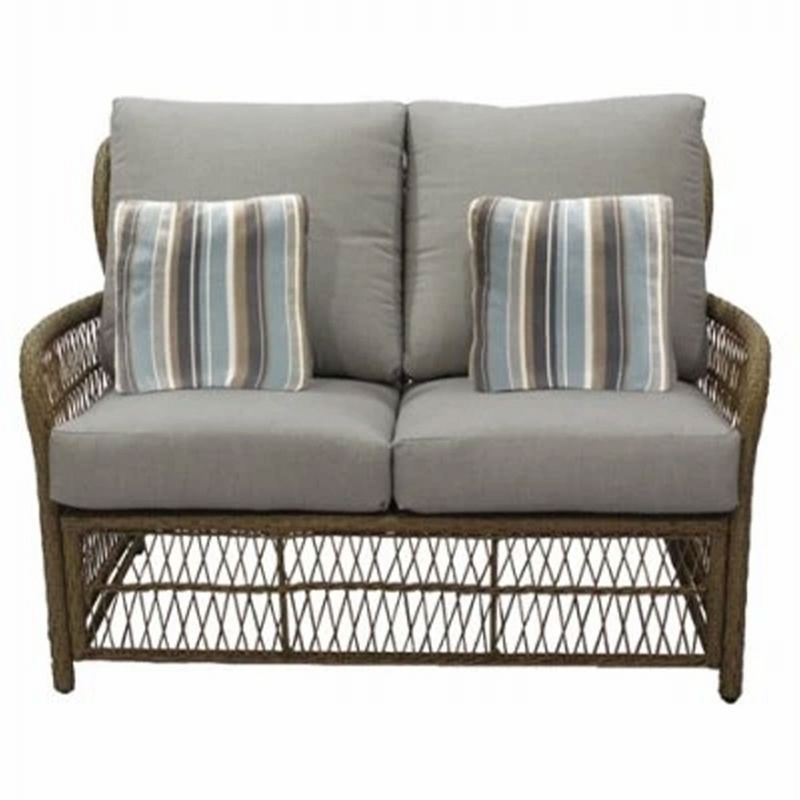 Positano Brown Wicker Loveseat with Gray Cushions and Accent Pillows