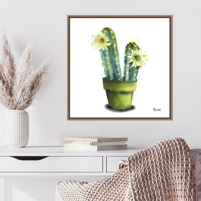 Cactus Flowers II Green and Yellow Canvas Print with Bronze Frame