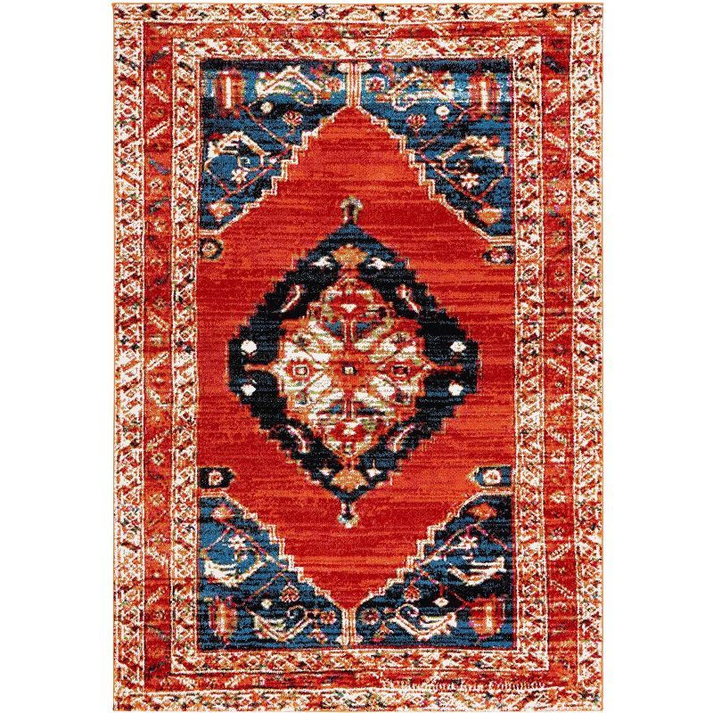 Vintage Red and Navy Rectangular Synthetic Area Rug