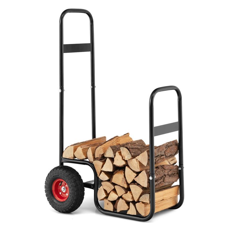 Heavy-Duty Black Steel Firewood Log Cart Carrier with Red Wheels