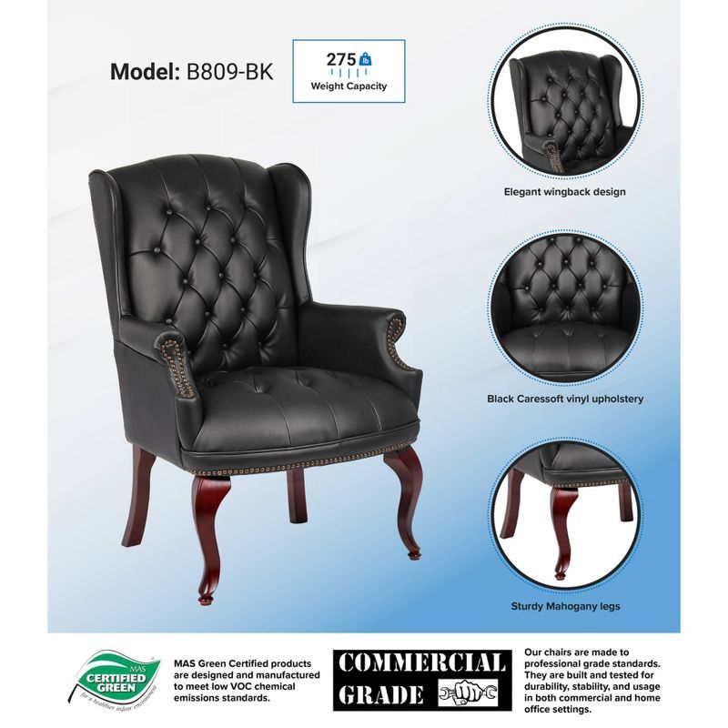 Ergonomic Wingback Vinyl Guest Chair with Mahogany Wood Base - Black