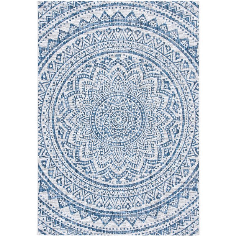 Ivory and Navy Geometric Round Synthetic Area Rug