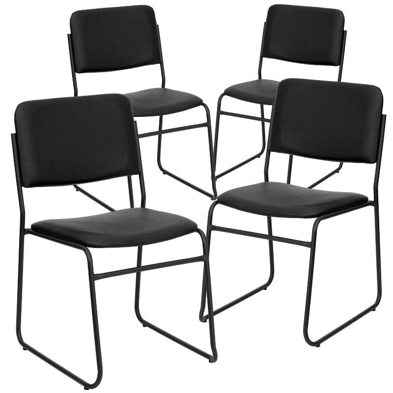 Black Vinyl Armless Stacking Chairs with Sled Base, Set of 4