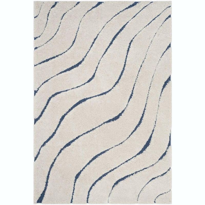 Cream and Blue Tufted Shag Area Rug, 6' x 9'