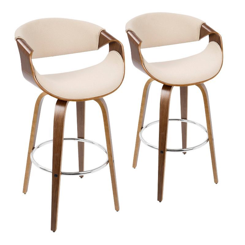 Curvini 30'' Walnut Wood and Cream Swivel Barstools Set