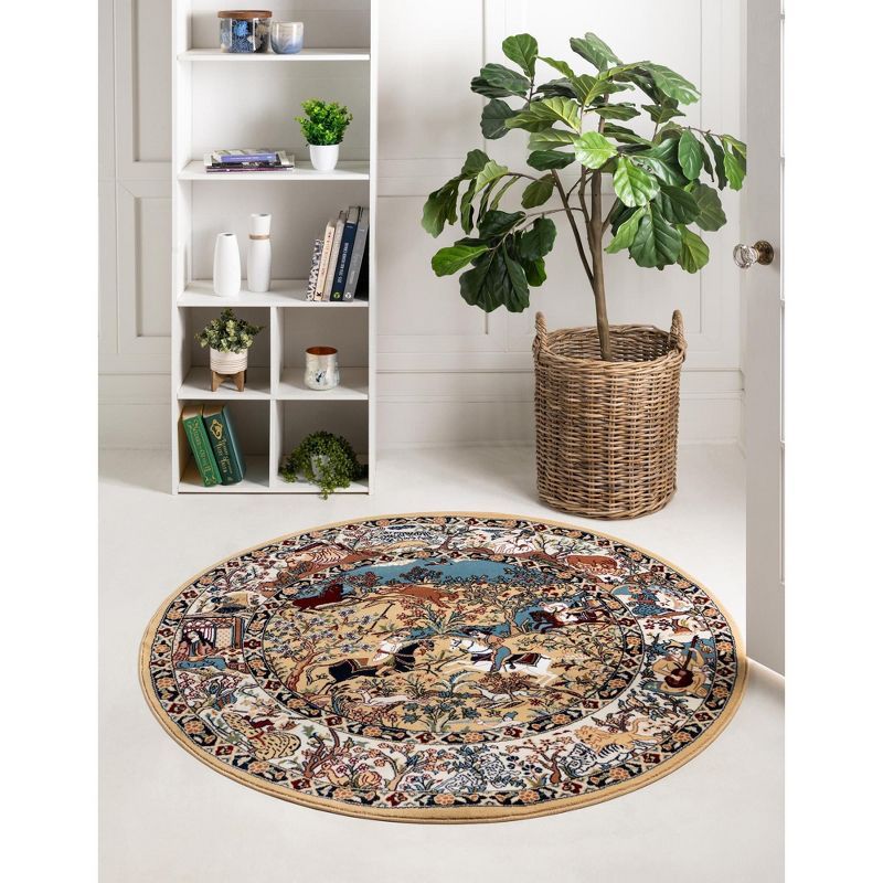 Round Tan and Blue Synthetic Stain-Resistant Area Rug