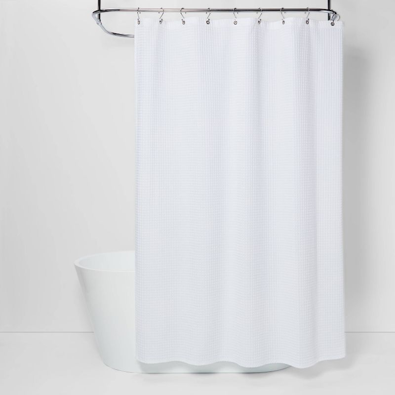 White Waffle Weave Fabric Shower Curtain