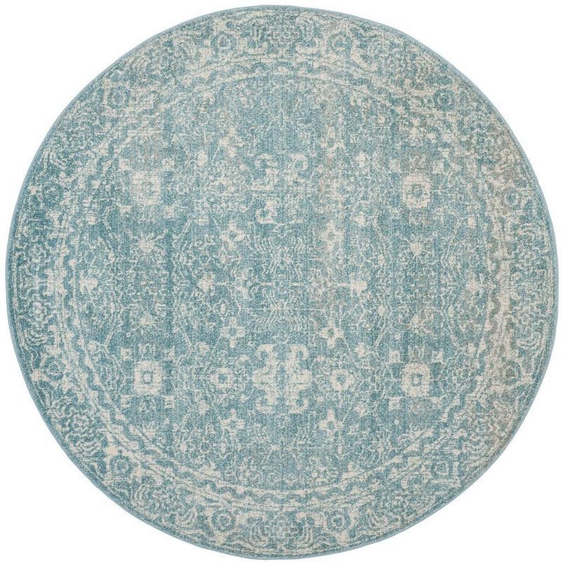 Light Blue and Ivory Round Synthetic High Pile Rug