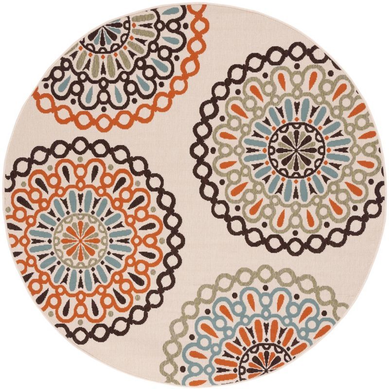 Cream and Terracotta Round Reversible Synthetic Rug