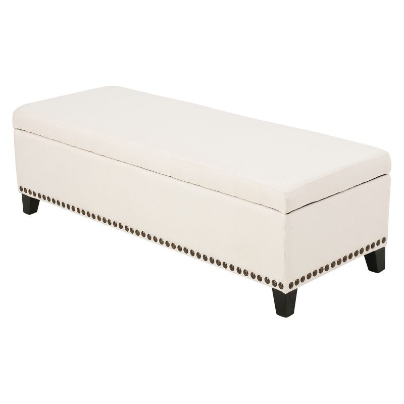 Isra Beige Fabric Storage Ottoman with Studded Base