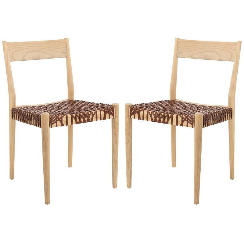 Chic Cognac Woven Leather & Natural Wood Dining Chair Set