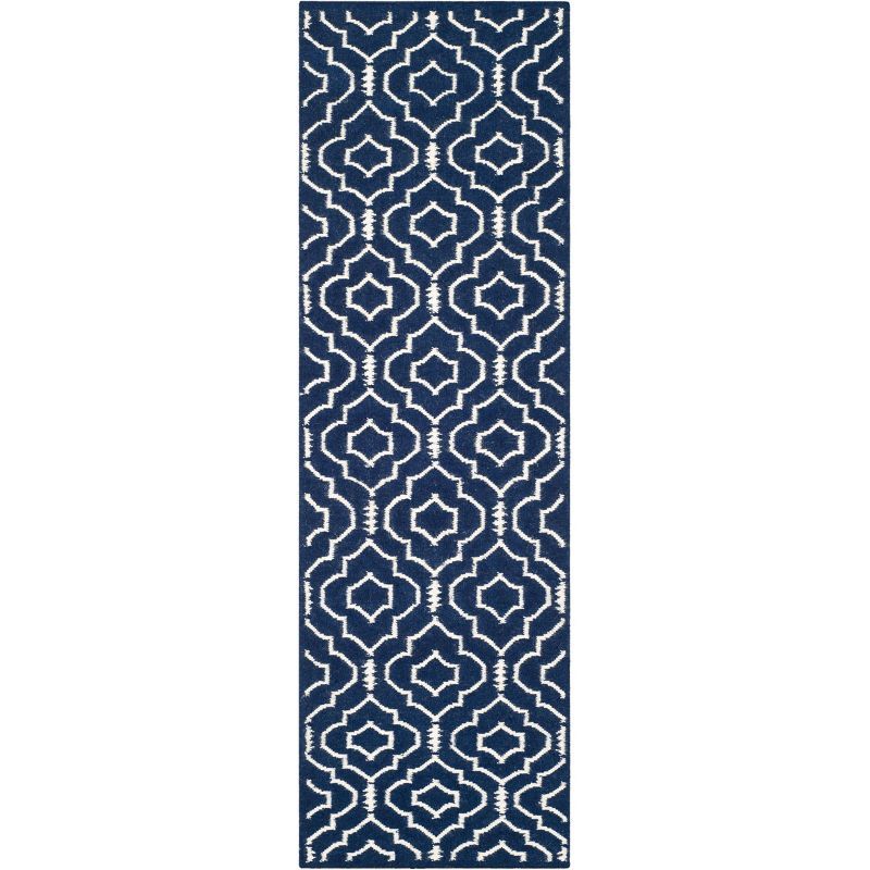 Navy and Ivory Geometric Wool Flat Weave Runner Rug