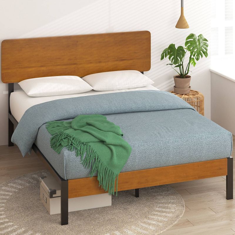 Twin Brown Wood and Metal Platform Bed Frame with Headboard