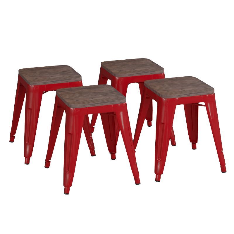 Red 18" Backless Metal Dining Stools with Wooden Seats, Set of 4