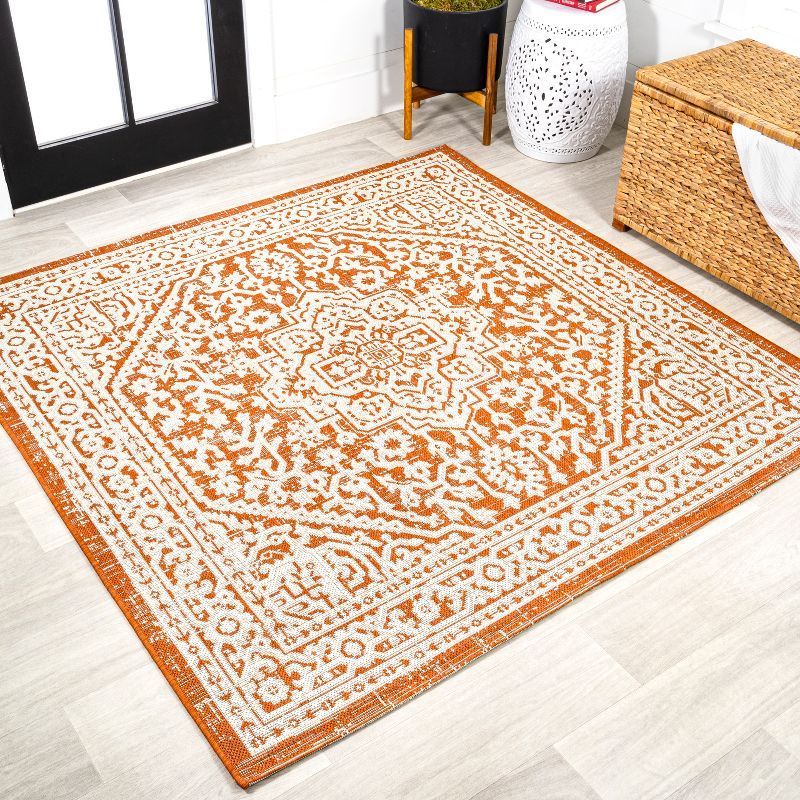 Handmade Orange and Cream Medallion Square Synthetic Rug