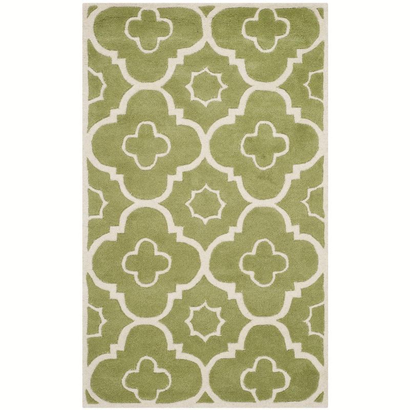 Ivory and Green Hand-Tufted Wool 4' x 6' Geometric Rug