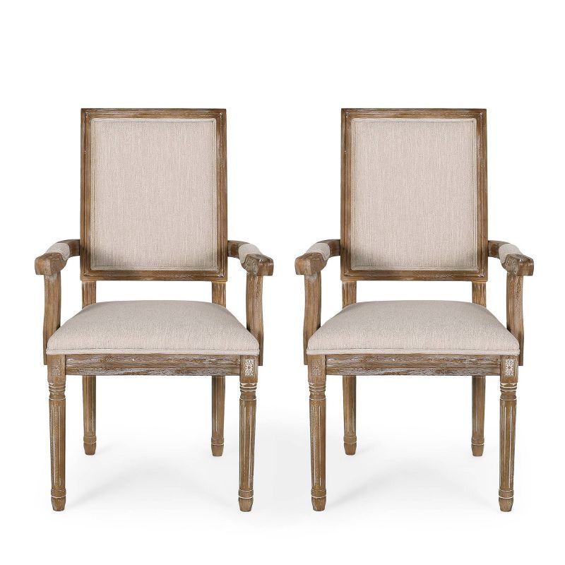 Set of 2 Beige Upholstered Wood Arm Chairs