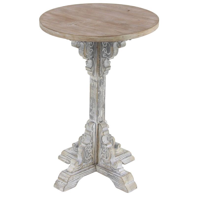 Gray Intricately Carved Scroll Round Wood Accent Table - 15" x 23"