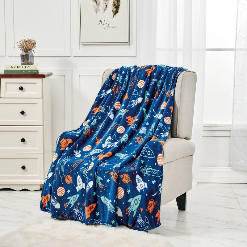 Space Adventure Blue Microplush Fleece Throw Blanket