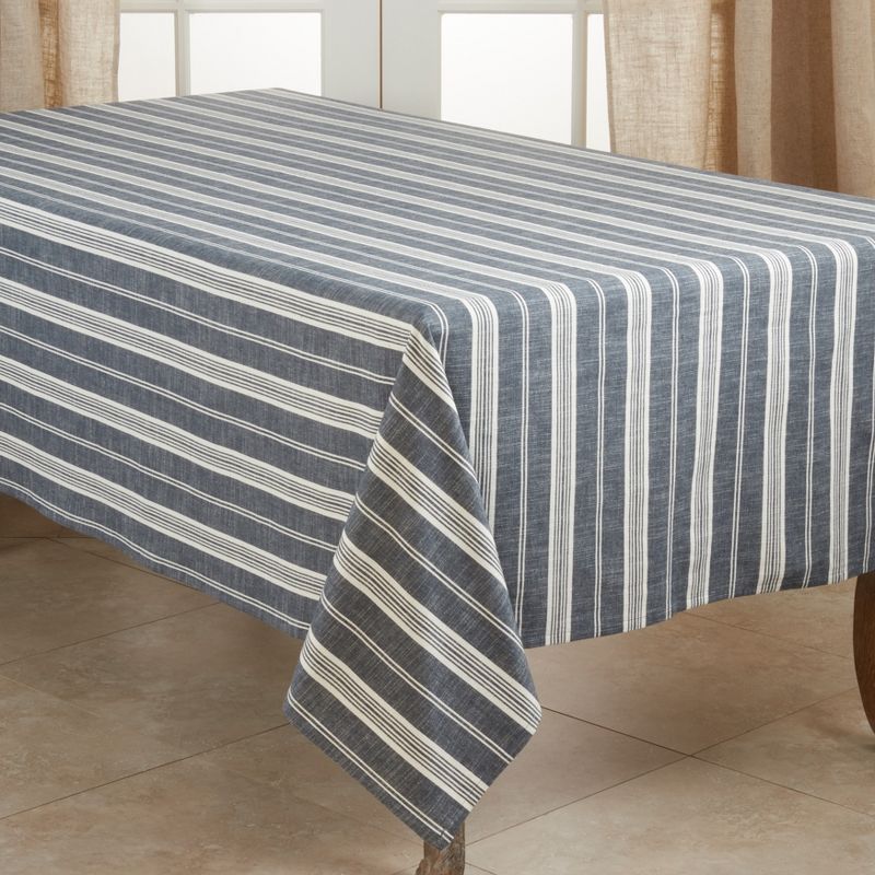 Blue and White Striped Cotton Rectangular Tablecloth