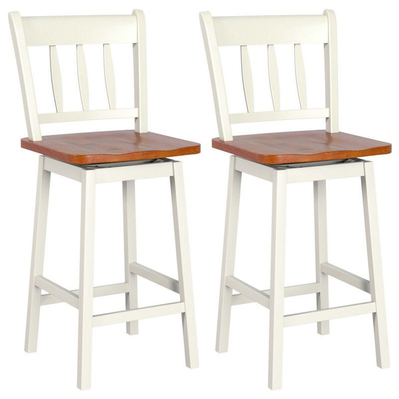 White and Wood Swivel Bar Stools with Metal Frame, Set of 2