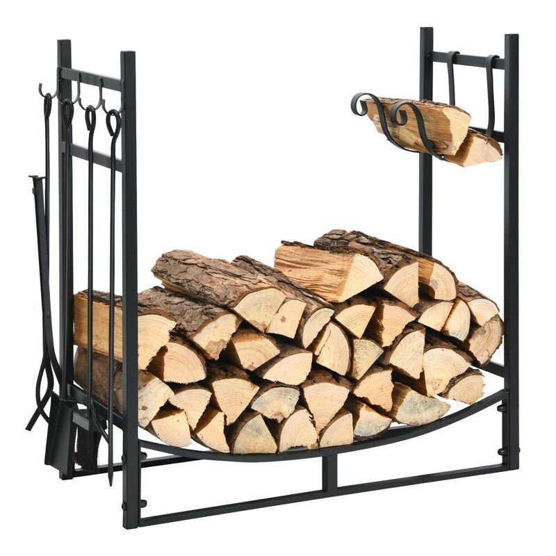 Black Steel Firewood Rack with 4-Piece Tool Set and Kindling Holders