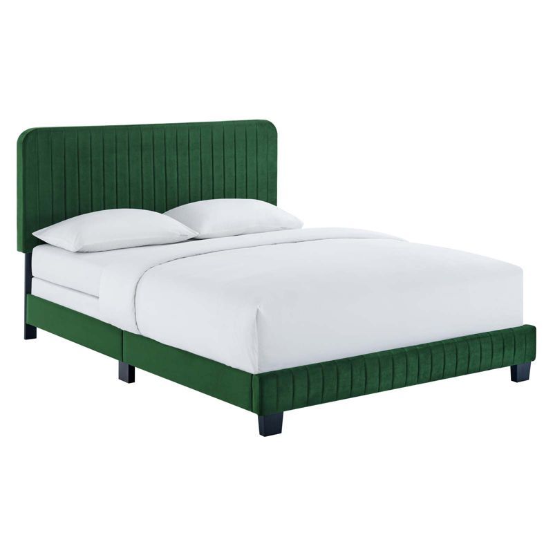 Elegant Emerald Velvet Queen Bed with Channel Tufted Headboard