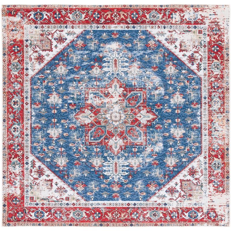 Tucson Red and Blue Square Washable Synthetic Area Rug