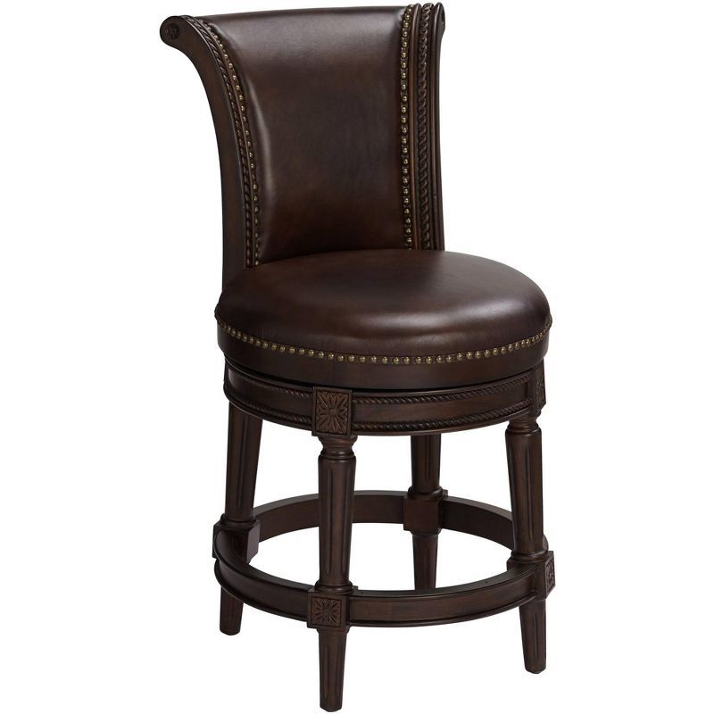 Espresso Leather & Walnut Swivel Bar Stool with Brass Accents