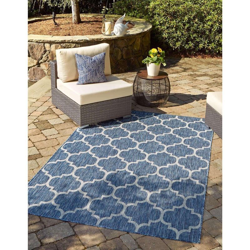 Navy Blue Synthetic Trellis Rectangular Outdoor Rug