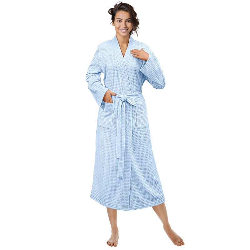 Light Blue Waffle Knit Long Bathrobe with Pockets