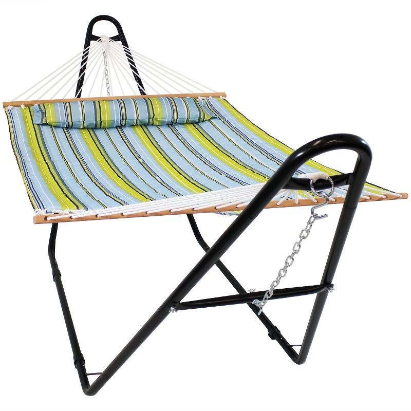 Blue and Green Quilted Fabric Double Hammock with Steel Stand