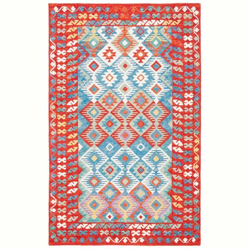 Aspen Blue and Red Handmade Wool Area Rug