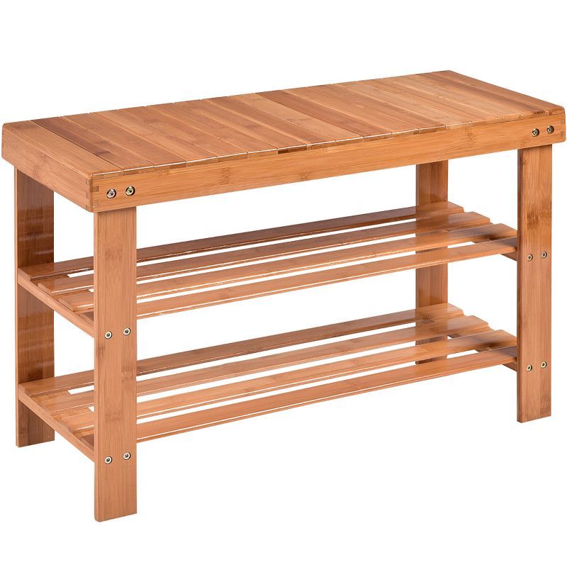 Beige Bamboo 3-Tier Shoe Rack and Bench