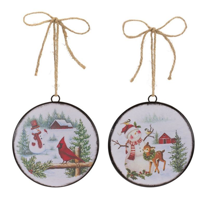 Woodland Snowman Disc Ornaments Set of 12 with Rustic Design