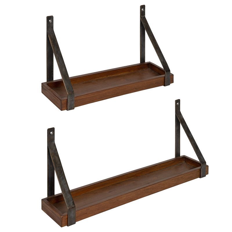 Rustic Brown Wood and Iron Floating Wall Shelf Set