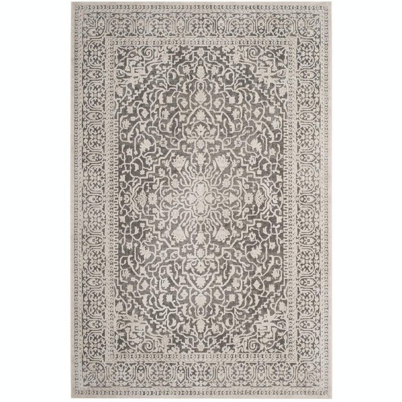 Dark Grey and Cream Floral Rectangular Area Rug