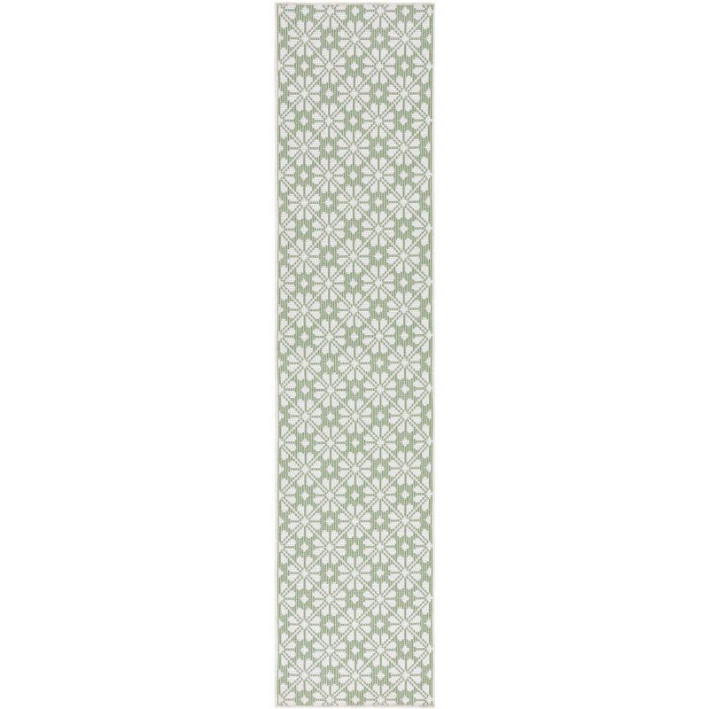 Green and Ivory Hand-Knotted Synthetic Runner Rug