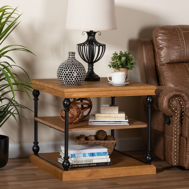 Sebastian Oak Brown Wood and Black Metal 3-Tier End Table