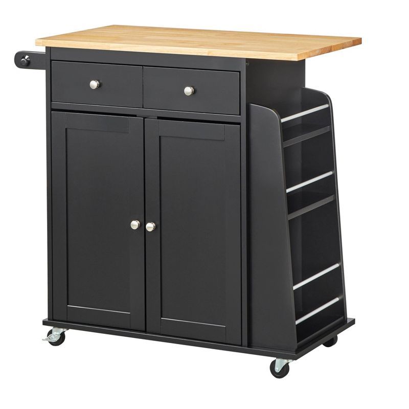 Black and Natural Wood Kitchen Cart with Storage and Wheels