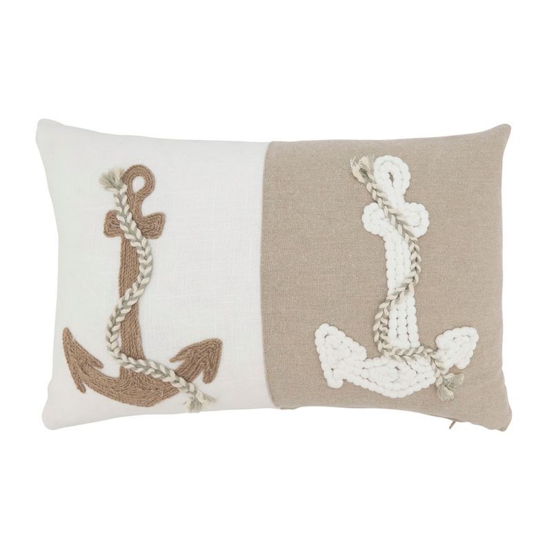 Beige Nautical Anchor Embroidered Cotton Throw Pillow, 12"x18"