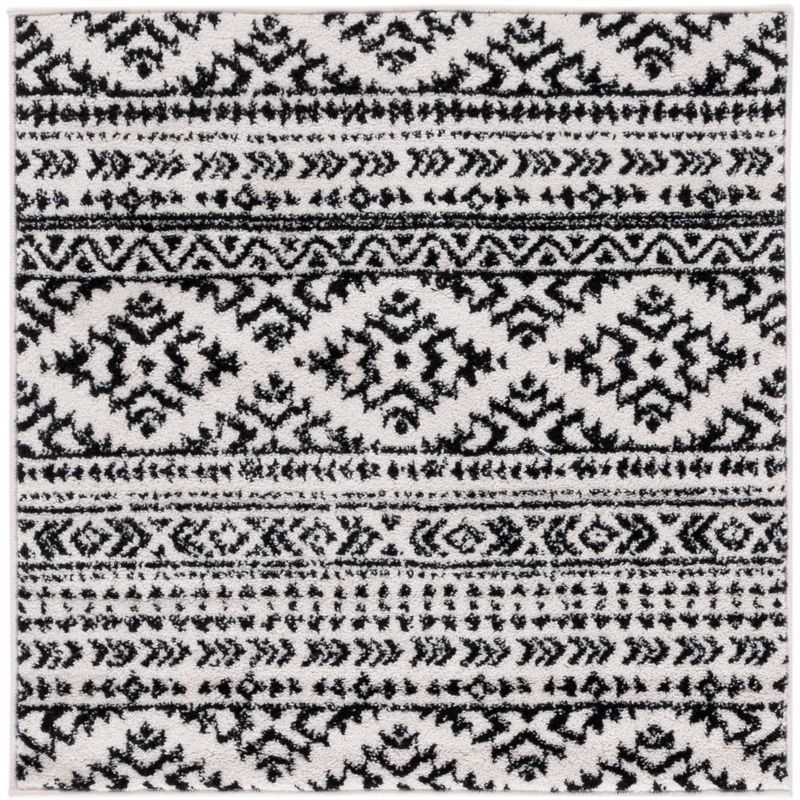 Ivory and Black Geometric Hand-knotted Square Rug