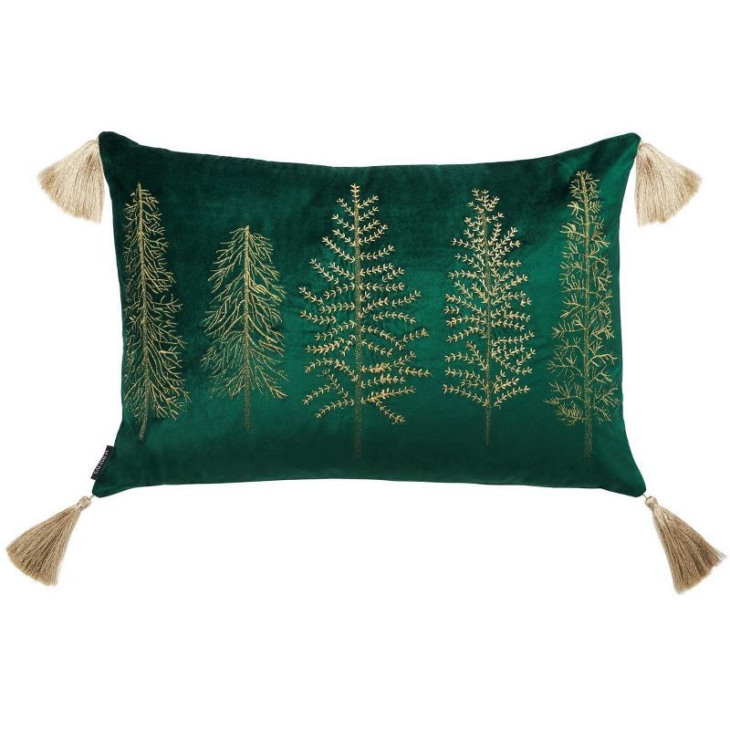 Green and Gold Embroidered Holiday Tree Pillow with Tassels