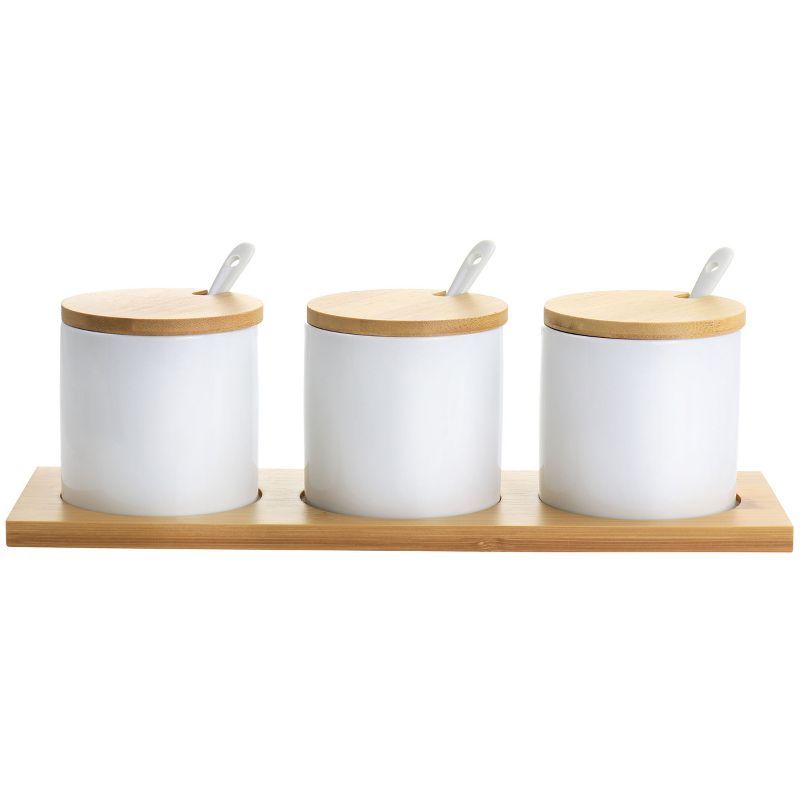 White Ceramic Condiment Jars with Bamboo Lids and Base, 10-Piece Set