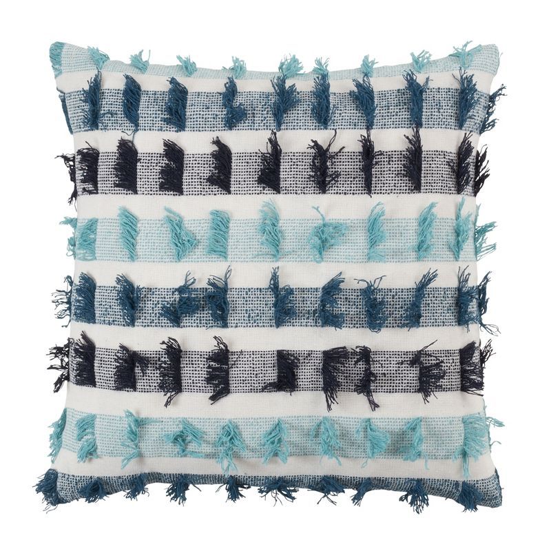 Blue and White Striped Fringe Cotton Throw Pillow