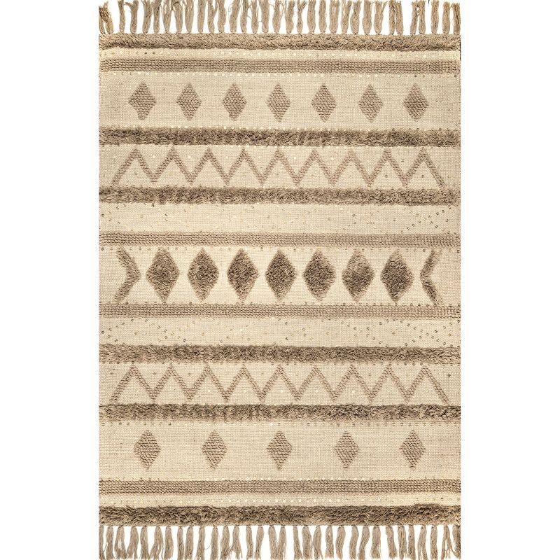 Handmade Tufted Geometric Wool Area Rug, 5' x 8', Beige